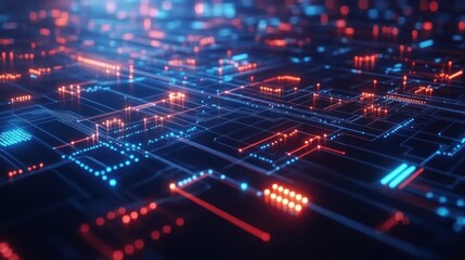 Abstract digital network with glowing blue and red lines representing data flow.