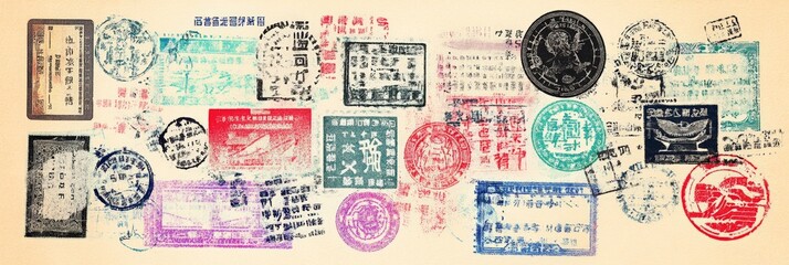 Vintage Japanese Visa Stamps Collage on Textured Beige Background