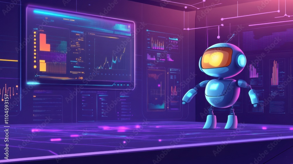 Poster futuristic robot in a high-tech control room with graphs and screens