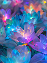 Fototapeta premium Enchanted Multicolor Flower Garden Illuminated with Soft Lights Creating a Dreamlike Atmosphere of Tranquility and Fantasy for Magic and Nature Lovers