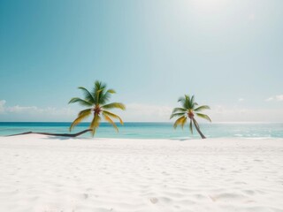 Obraz premium Palm tree-lined beach with crystal clear water and powdery white sand, relaxing atmosphere, ocean views