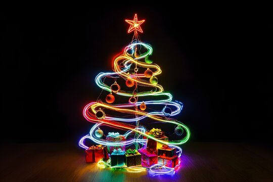 Neon Christmas tree with ornaments and gifts at holiday open house isolated on black background.