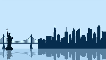 Cityscape illustration of new york city with Liberty statue and bridge