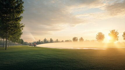 A modern irrigation system with sprinklers watering a large green lawn at sunset