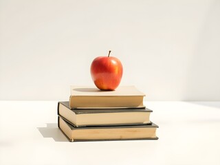 an apple on a pile of books on a white background