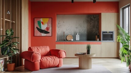 Cozy Modern Living Room with Orange Accents and Artistic Decor
