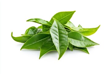 Obraz premium Fresh green tea leaves on white background