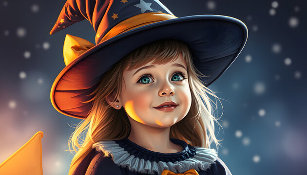 The child is ready for the heluin holiday. A girl in a witch's magic hat isolated with white highlights, png