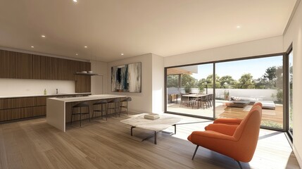 Fototapeta premium Modern interior design of a bright spacious living room with kitchen