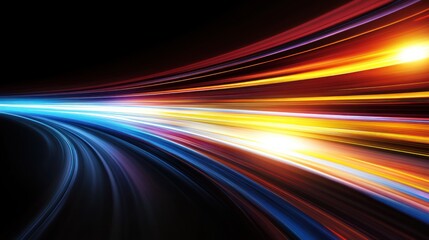 A vibrant abstract representation of light trails in motion against a dark background.