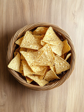 Multigrain tortilla chips in a woven basket on a rustic table, offering a healthy and crunchy snack