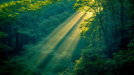Fototapeta premium Sunbeams Illuminate Lush Green Forest Canopy, Nature's Golden Light Pierces Through the Verdant Leaves, Creating a Magical Atmosphere.