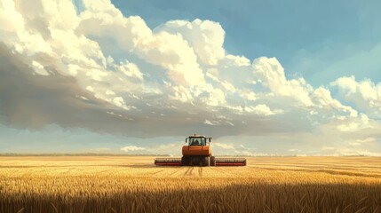 Fototapeta premium A precision harvester working in a field of wheat under cloudy skies