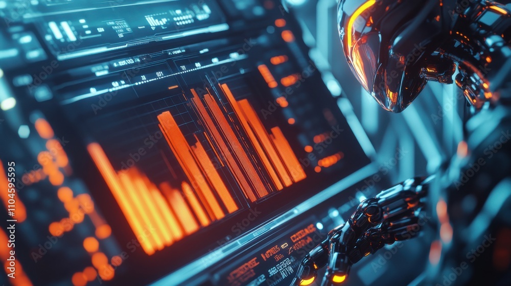 Poster futuristic robot analyzing data on high-tech digital interface