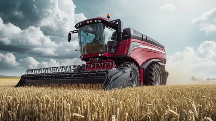 Obraz premium A precision harvester working in a field of wheat under cloudy skies
