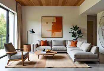 Fototapeta premium Modern living room interior with fireplace, featuring a large LCD TV, comfortable sofa, and stylish decor