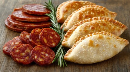 Savory Empanadas with Slices of Spicy Chorizo on Wooden Background
