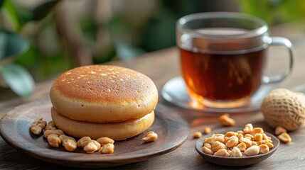 Delicious Asian Pancakes with Peanuts and a Cup of Tea