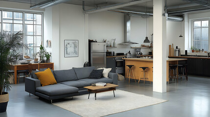 Modern Loft Apartment, Open-Plan Kitchen and Living Area Design with Industrial Chic Decor and Cozy Seating.