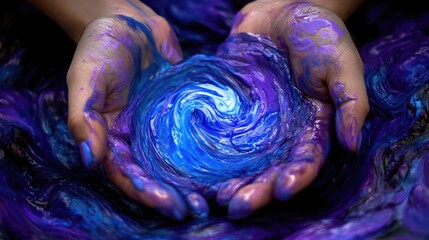 Obraz premium Vibrant Swirls of Blue and Purple Paint in Hands Creating Art