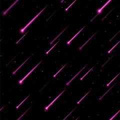 Meteor rain seamless pattern, shooting stars background. Bright, streaking lights falling from the sky. Dynamic space backdrop with fiery comets © Likanaris