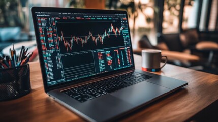Laptop Displaying Stock Market Data and Candlestick Charts on Desk