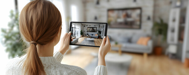 Woman Views Interior Design on Tablet,  Modern Home, Cozy Living Room, Stylish Decor, Hardwood Floors,  Relaxing Atmosphere.
