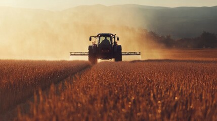 Fototapeta premium A sprayer tractor applying fertilizers to a crop field, with water mist in the air