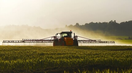 Fototapeta premium A sprayer tractor applying fertilizers to a crop field, with water mist in the air