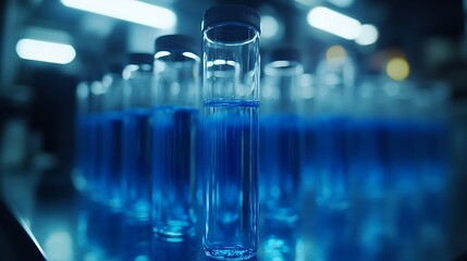 Close up of test tubes filled with blue liquid, Glass test tube filled background