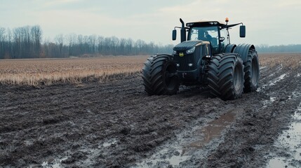 Obraz premium A tractor fitted with large tires driving through a muddy farm field
