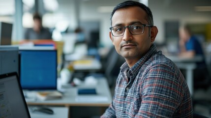 Obraz premium A focused individual in an office environment, engaged in work at a desk.