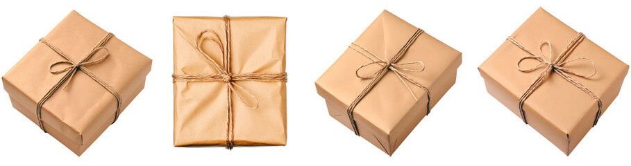 Set of Brown Gift Box Wrapped in Kraft Paper and Tied with Twine isolated on transparent background PNG