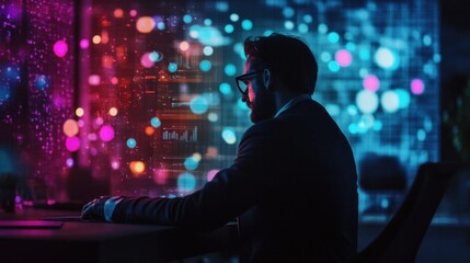 Businessman Analyzing Data with Colorful Digital Graphics Background