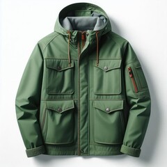 Men's green rain jacket isolated on a white background