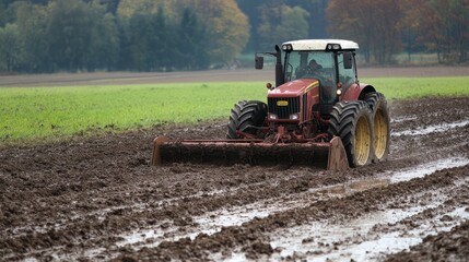 Obraz premium A tractor pulling a plow through a muddy field, preparing the soil for planting