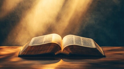 An open book illuminated by soft light, symbolizing knowledge and spirituality.