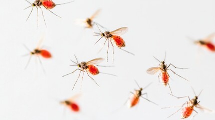 Close-Up View of Mosquitoes in Natural Habitat Capturing the Intricate Details of Their Anatomy and Behavior in a Light Background