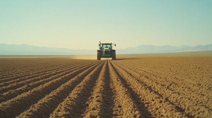 Fototapeta premium A tractor pulling a row planter in a freshly plowed field, with seeds being planted evenly
