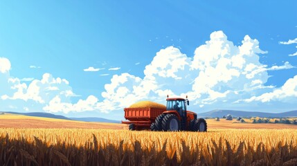 Fototapeta premium A tractor towing a grain cart through a harvested cornfield under a bright blue sky