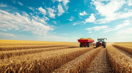 Obraz premium A tractor towing a grain cart through a harvested cornfield under a bright blue sky