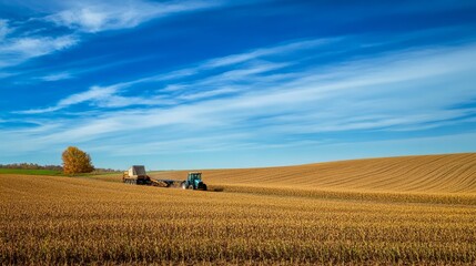 Fototapeta premium A tractor towing a grain cart through a harvested cornfield under a bright blue sky