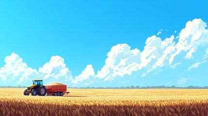 A tractor towing a grain cart through a harvested cornfield under a bright blue sky