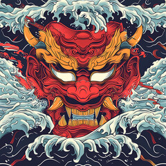 Fototapeta premium Intricate Japanese Hannya Mask in Bold Red Surrounded by Dynamic Waves, Capturing Traditional Symbolism and Artistic Expression in Japanese Culture