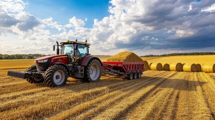 Obraz premium A tractor towing a grain cart through a large harvested field, with hay bales in the background