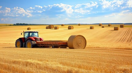 Obraz premium A tractor towing a grain cart through a harvested cornfield under a bright blue sky
