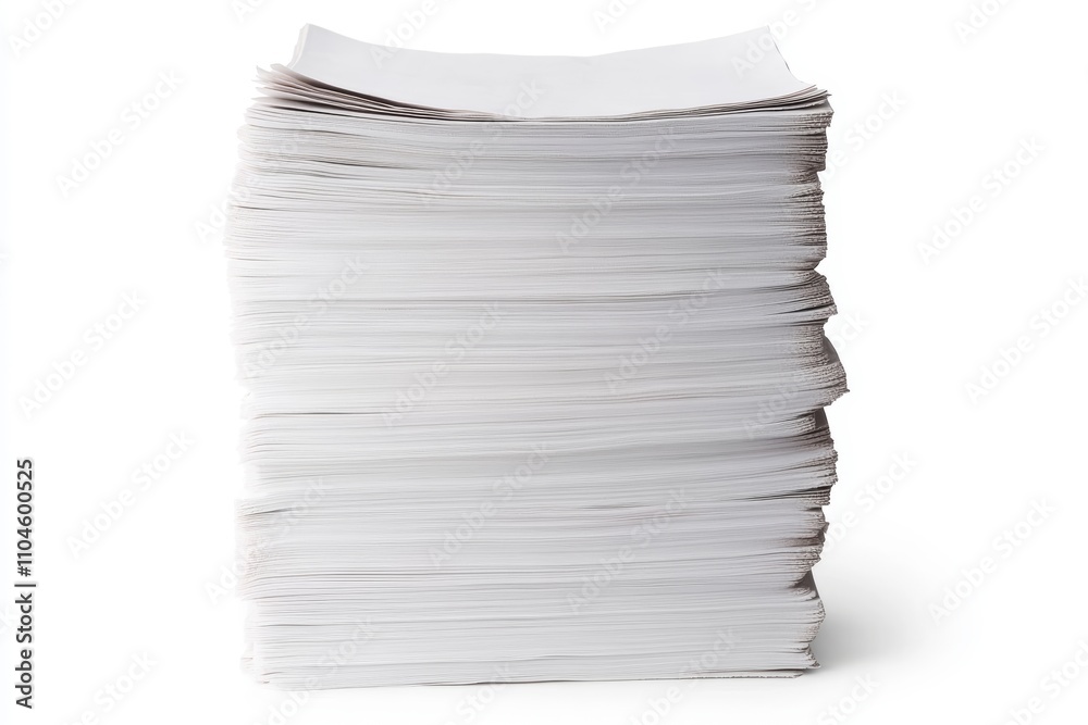 Poster towering stack of white blank paper sheets for printing and office work