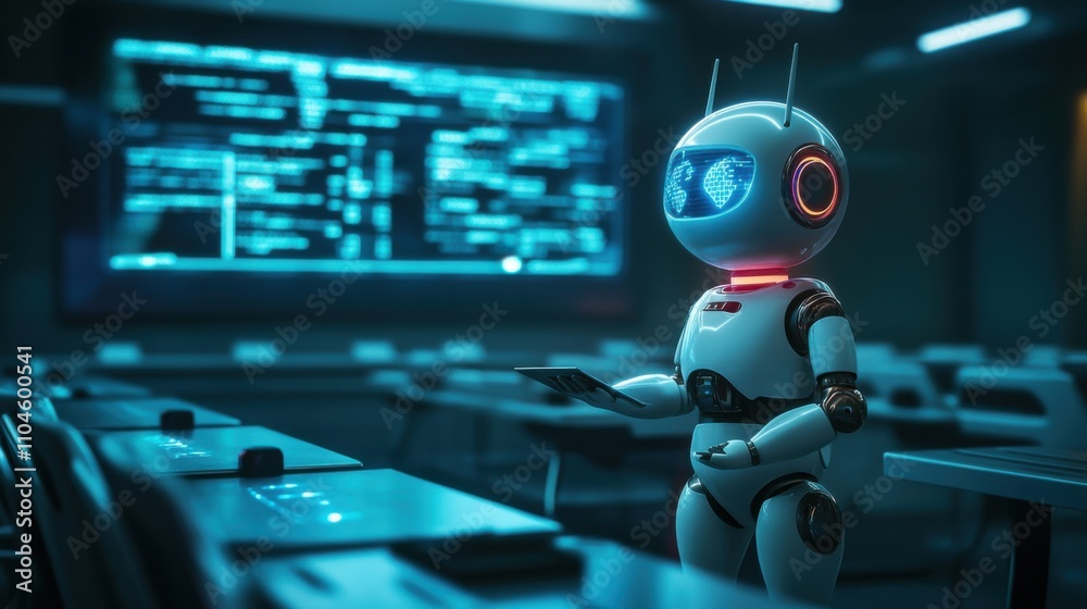 Poster cute robot assistant standing in classroom with digital display background