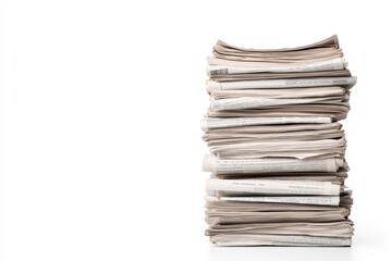 Tall stack of folded newspapers isolated on white background