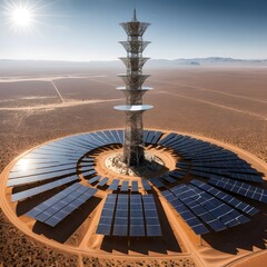 A massive solar tower in the center of a desert landscape, surrounded by an array of heliostats (mirrors) reflecting sunlight onto the tower. The tower glows brilliantly at its peak, symbolizing conce